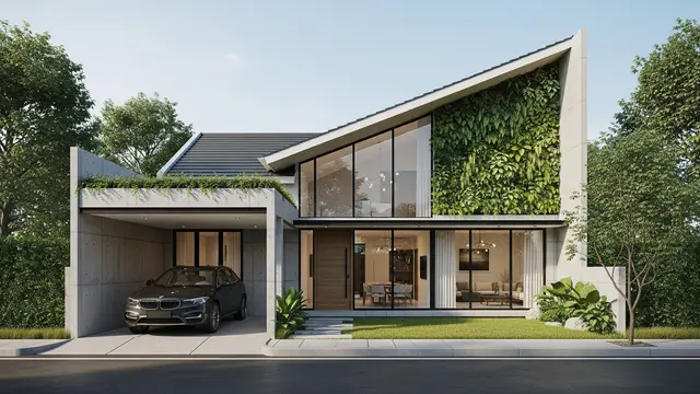 Desain Atap Miring Satu Sisi ke Belakang dengan Taman Vertikal
