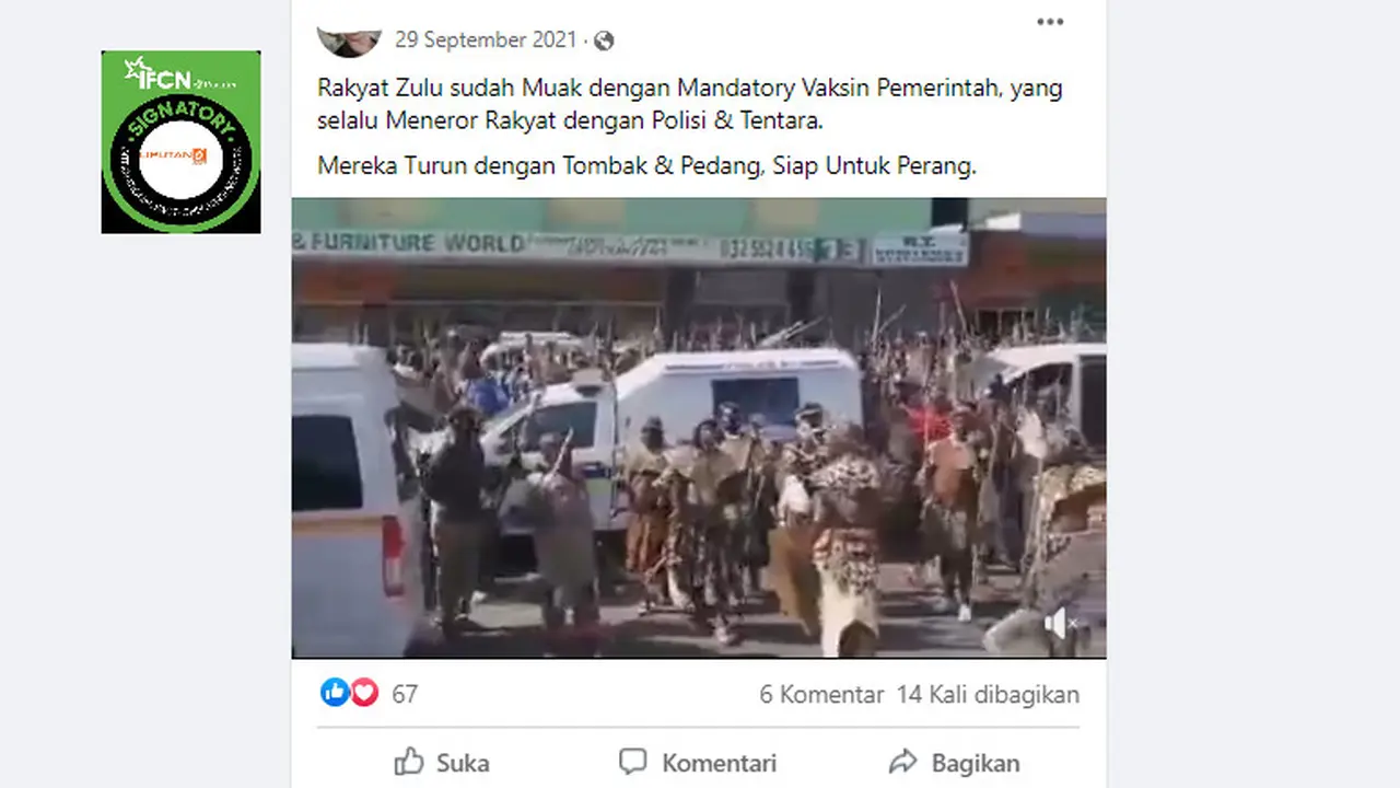 Cek Fakta Liputan6.com mendapati klaim video Rakyat Zulu menolak mandatori vaksin