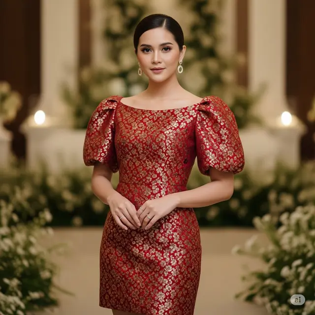Dress Brokat Lengan Balon Pendek. Foto: Gemini