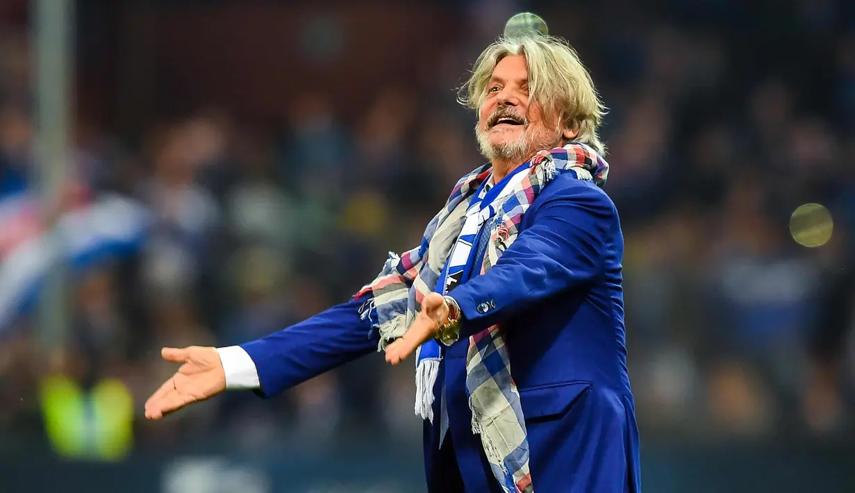Presiden Sampdoria Massimo Ferrero merayakan kemenangan timnya setelah pertandingan melawan Juventus pada lanjutan Liga Serie A italia di Stadion Luigi Ferraris di Genoa, Italia, (19/11). Sampdoria menang 3-2 atas Juventus. (Simone Arveda / ANSA via AP)