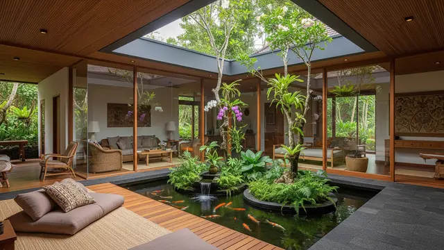Model Rumah Modern Kaca dengan Taman Indoor Atrium/ Ilustrasi AI