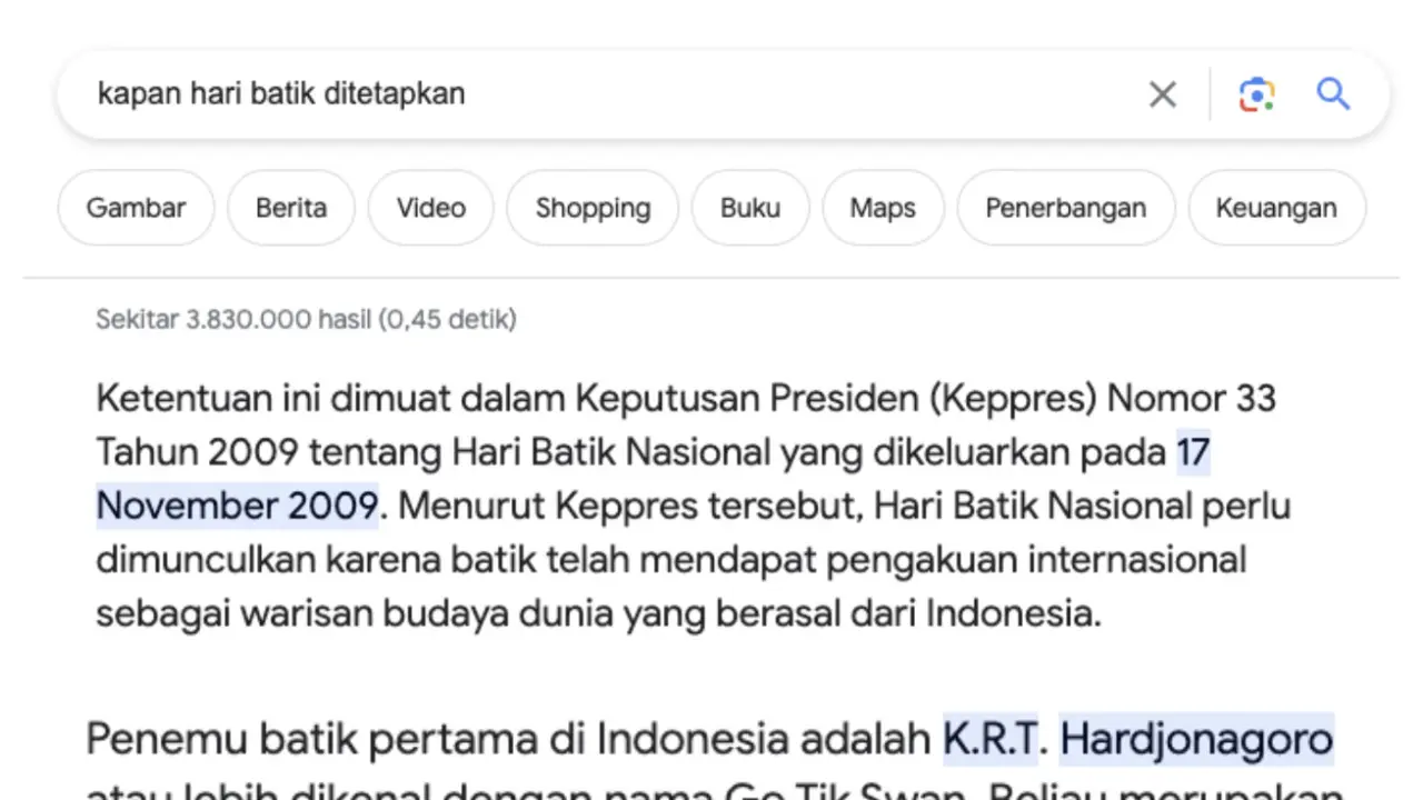 Pencarian seputar hari batik nasional meningkat drastis di Google