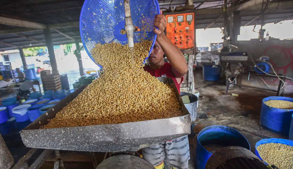 Aktivitas pekerja menyiapkan bahan pembuatan tahu di salah satu sentra produksi kawasan Pasir Putih, Kota Depok,  Jawa Barat, Senin (8/6/2026). (merdeka.com/Arie Basuki)