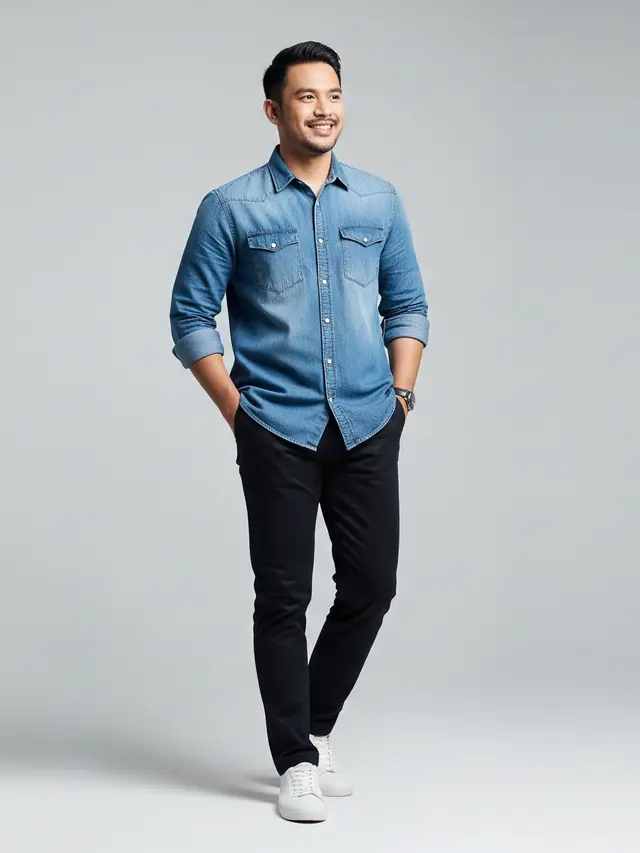 Kemeja Denim Ringan dengan Celana Gelap