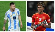 Pemain Argentina, Lionel Messi (kiri), dan pemain Spanyol, Lamine Yamal (kanan). (AFP)