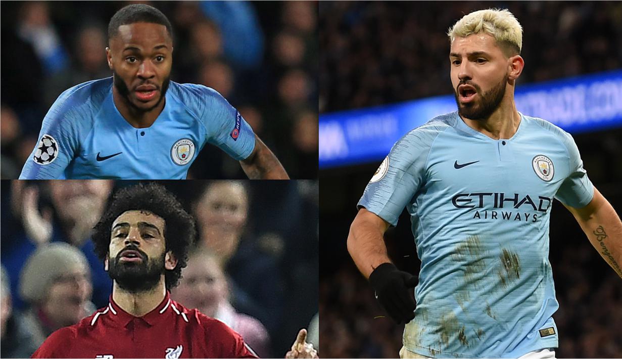 Sergio Aguero kembali meramaikan persaingan meraih gelar pencetak gol terbanyak Premier League usai mencetak trigol ke gawang Chelsea. Kini Aguero memiliki gol yang sama dengan Mohamed Salah. (Kolase Foto AFP)