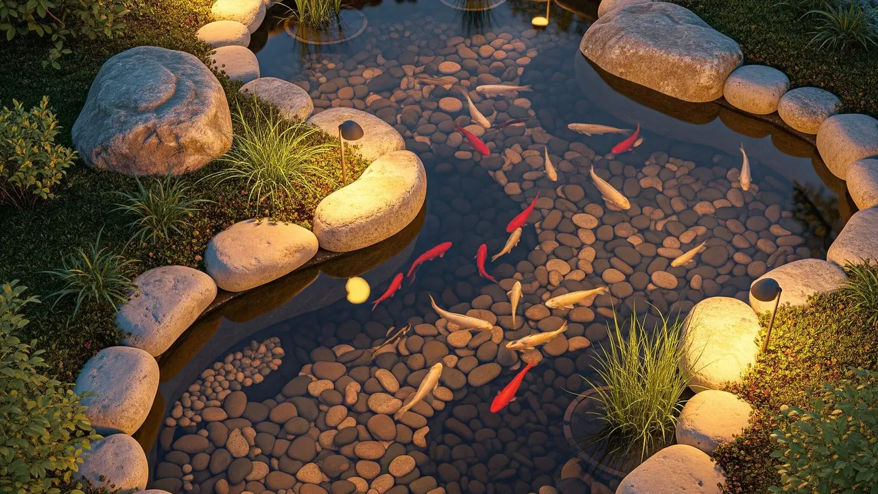 Kolam Ikan Minimalis dengan Lampu Taman yang Hangat (Image by Gemini AI)