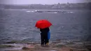 Warga menggunakan payung sambil menunggu untuk melihat kemunculan paus bungkuk ke permukaan Pantai Clovelly, Sydney, Australia, Minggu (19/6). (REUTERS/David Gray)