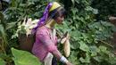 Seorang wanita etnis Kayan saat bekerja di kebun di desa PanPat, Kayan, Myanmar, Rabu (9/9/2015). Kaum perempuan Suku Kayan ini mengenakan banyak kalung berbentuk cincin di lehernya hingga membuat leher mereka panjang. (AFP PHOTO/Ye Aung THU)