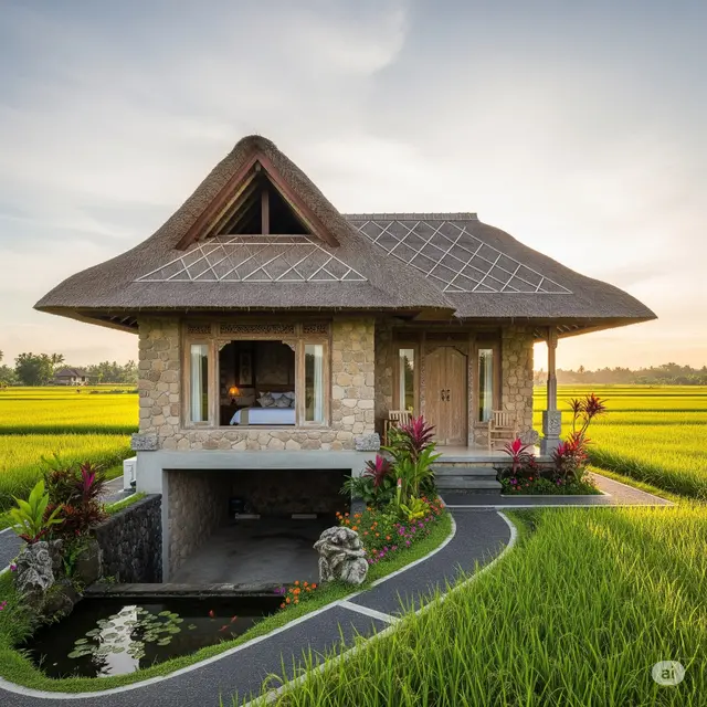 Cottage Batu Alam + Pemandangan Sawah