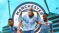 Manchester City - Erling Haaland dikelilingi Gabriel Jesus dan Raheem Sterling (Bola.com/Adreanus Titus)