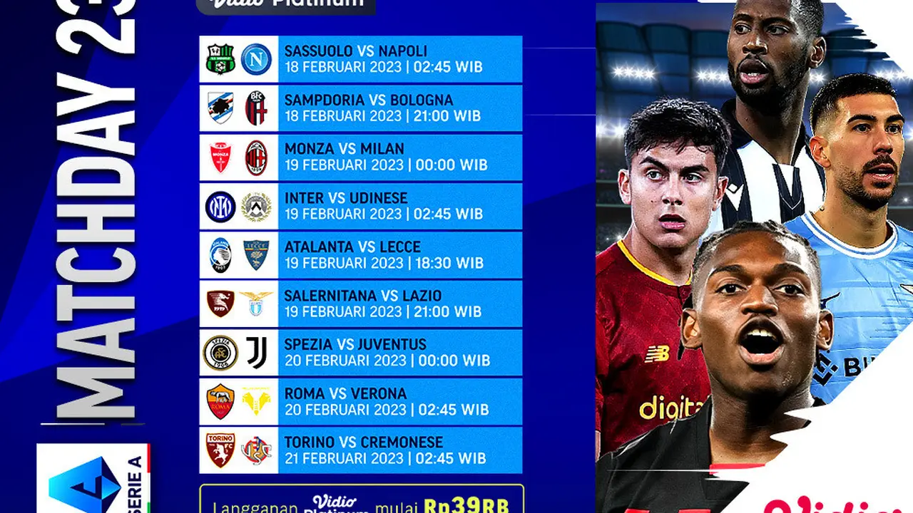 Jadwal Live Streaming Liga Italia 2022/2023 Matchweek 23 di Vidio, 18-21 Februari 2023