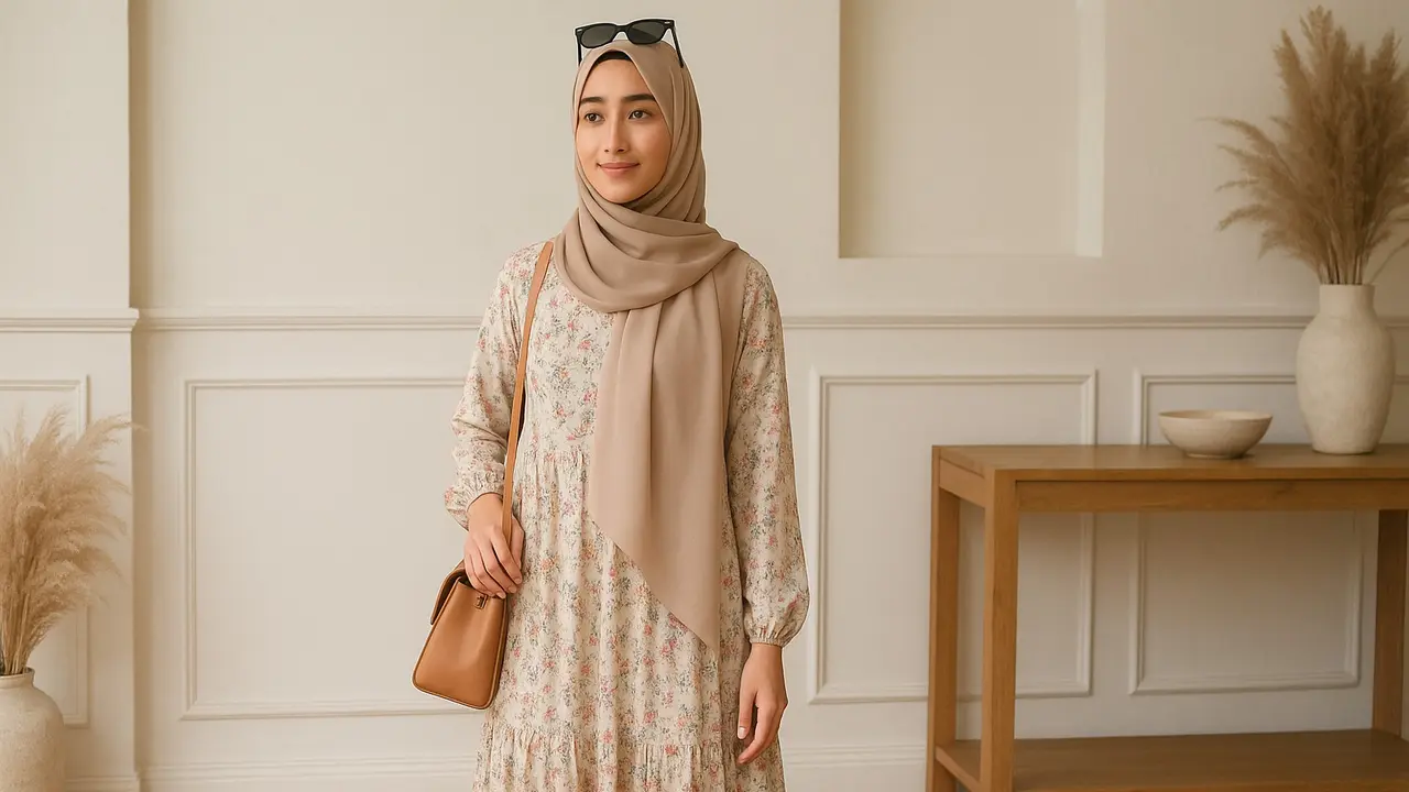 7 Model Gamis dengan Hijab Pashmina Lilit Simpel, Tampil Anggun Tanpa Ribet