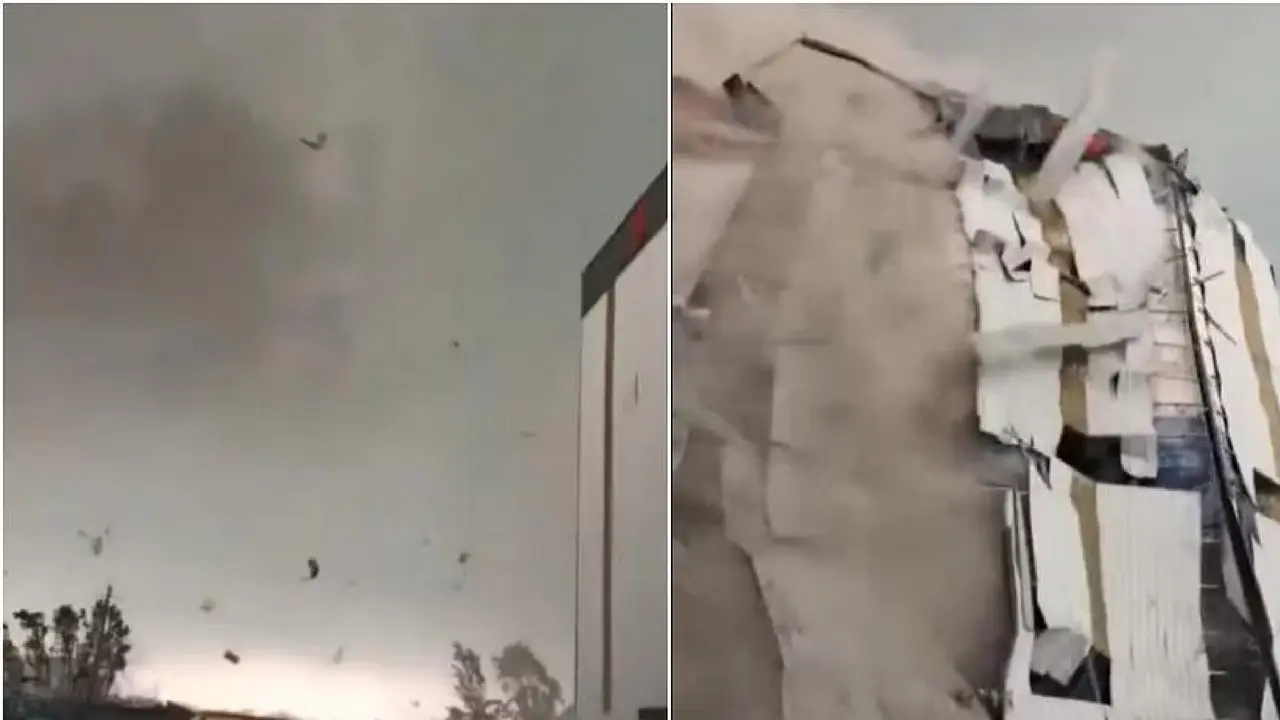 Tornado abu-abu besar yang bergerak dengan kecepatan tinggi dan membawa puing-puing ke langit di Shandong, China. (Screengrab ERICWANG1101/X)