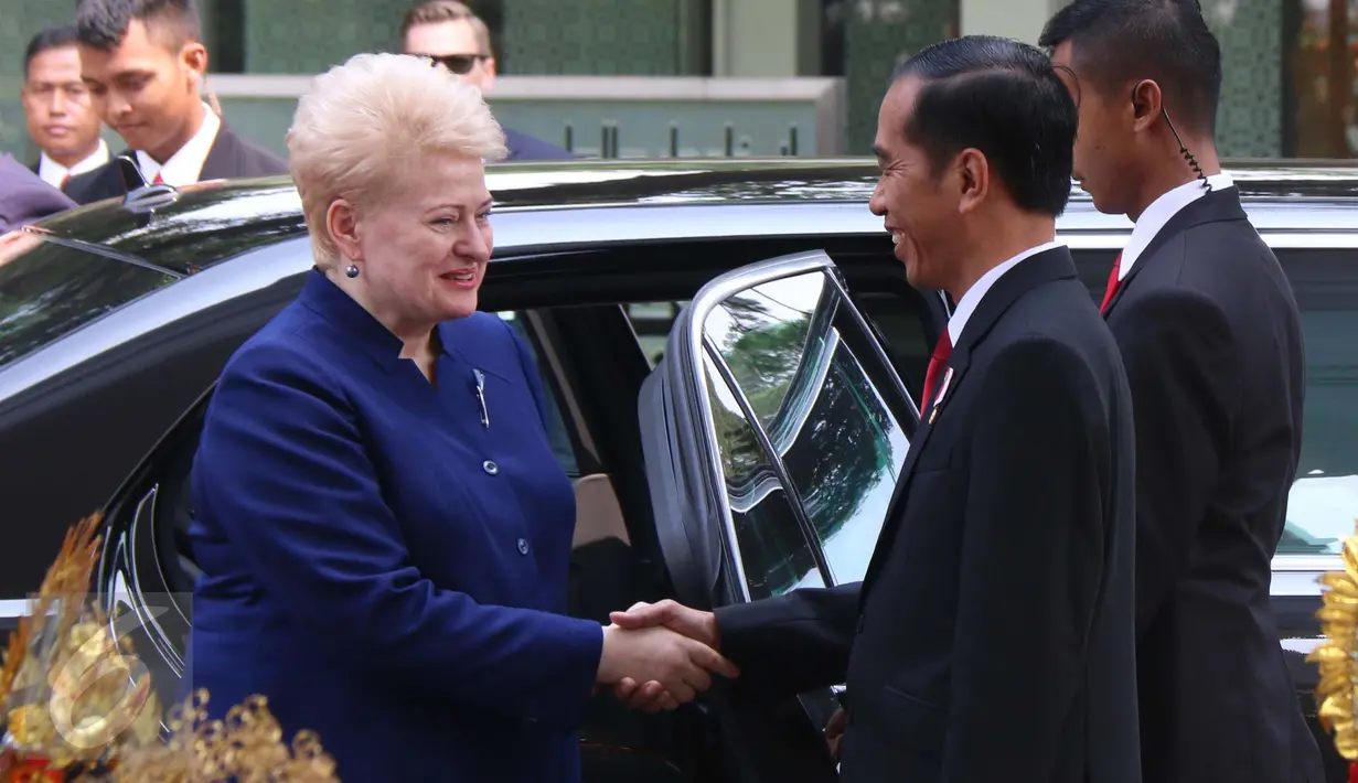Presiden Joko Widodo berjabat tangan dengan Presiden Republik Lithuania Dalia Grybauskaite saat kunjugannya di Istana Merdeka, Rabu (17/5). Menurut Jokowi, kunjungan ini merupakan kunjungan yang bersejarah. (Liputan6.com/Angga Yuniar)