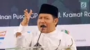 Ketua Umum PKB Muhaimin Iskandar berpidato dalam acara Peringatan Nuzulul Quran dan Hari Lahir Pancasila di kantor PP GP Ansor, Jakarta, Sabtu (02/6). Peringatan ini mengusung tema Alquran Suci, Pancasila Sakti. (Liputan6.com/Pool/Sandoval)