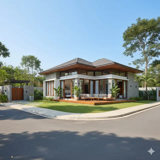 Desain Rumah Tipe 45 di Tanah Hook Gaya Modern Tropis