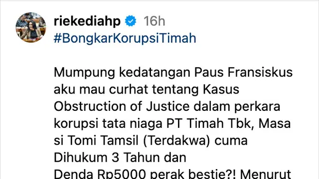 Unggahan Rieke Diah Pitaloka. (Foto: Dok. Instagram @riekediahp)