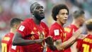 Striker Belgia, Romelu Lukaku, melakukan selebrasi usai mencetak gol ke gawang Panama pada laga Piala Dunia 2018 di Stadion Fisht, Senin (18/6/2018). Belgia menang 3-0 atas Panama. (AP/Matthias Schrader)
