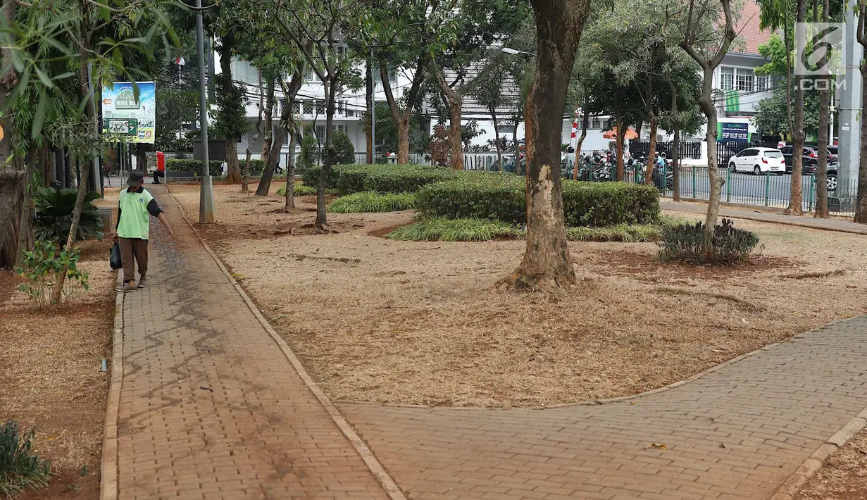 Suasana di Taman Sepeda, Jakarta Selatan, Sabtu (25/8). Kurangnya perawatan serta musim kemarau yang masih berlangsung di Ibukota membuat rumput dan sejumlah tanaman di taman tersebut mati akibat kekeringan. (Liputan6.com/Immanuel Antonius)