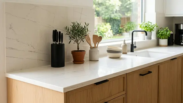 Meja Dapur Keramik atau Porselen dengan Pola Minimalis (AI Generated)