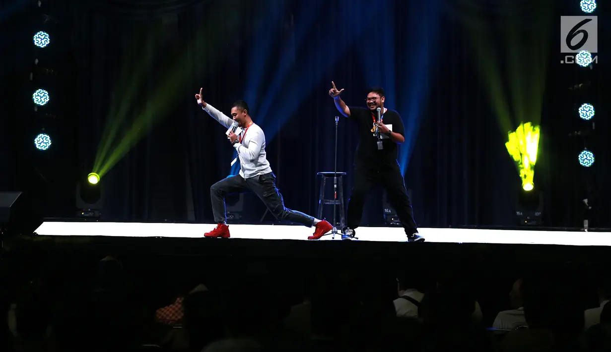 Aksi komika Uus (krii) saat mengisi acara Jakarta Internasional Comedy Festival (JICOMFEST) 2019 hari pertama, JIExpo, Kemayoran, Jakarta, Sabtu (3/8/2019). JICOMFEST 2019 merupakan komedi festival pertama dan terbesar di Indonesia. (Dream.co.id/Deki Prayoga)