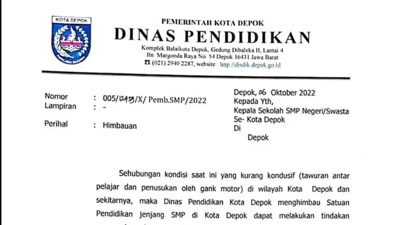 Surat edaran Dinas Pendidikan Kota Depok terkait siswa diminta tidak keluar malam.