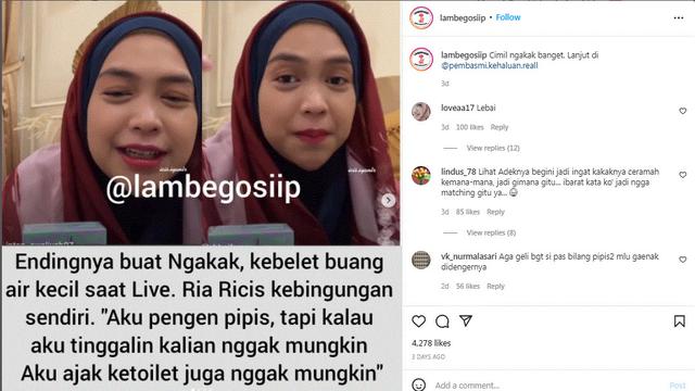 Ria Ricis tetap live Instagram meski sedang buang air kecil