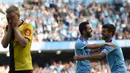 Gelandang Manchester City, Bernardo Silva, merayakan gol ke gawang Watford pada laga Premier League di Stadion Etihad, Manchester, Sabtu (21/9). City menang 8-0 dari Watford. (AFP/Oli Scarff)