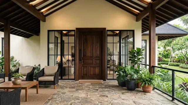 Pintu Kayu Cokelat dengan Jendela Kaca Tinggi Berbingkai Hitam (AI Generated)