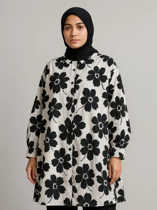 7 Model Tunik Motif Bunga Kancing Depan Terbaru