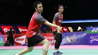 Ganda putra, Mohammad Ahsan/Hendra Setiawan, turut menyumbangkan poin saat Indonesia membungkam Kanada 5-0 pada Grup B Piala Thomas 2018, di Bangkok, Minggu (20/5//2018). (PBSI)