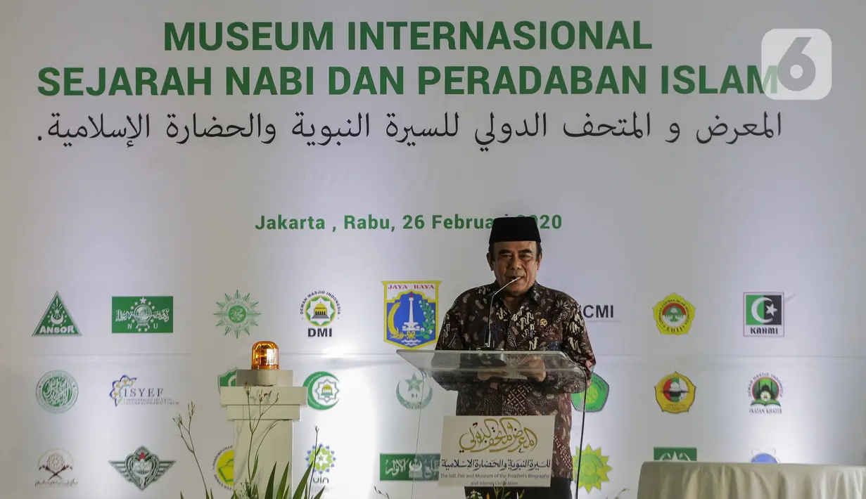 Menteri Agama Fachrul Razi menyampaikan sambutan dalam peresmian groundbreaking Museum Internasional Sejarah Nabi dan Peradaban Islam di kawasan Ancol, Jakarta, Rabu (26/2/2020). Selain bangunan museum, nantinya akan dibangun masjid dan amphitheatre. (Liputan6.com/Faizal Fanani)