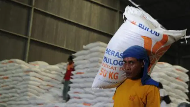 Seorang petugas mengangkut beras dari gudang Bulog. dok/merdeka.com