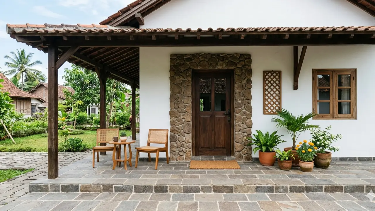 Inspirasi Teras Rumah Desa dengan Batu Alam yang Awet Bertahun-tahun. Gemini