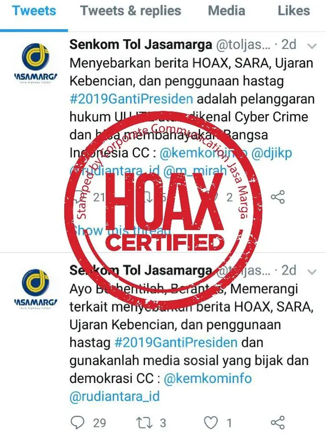 Akun media sosial palsu atas nama Jasa Marga.