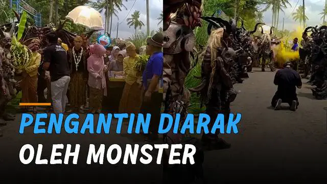 Rombongan pengantin diarak dengan sekumpulan monster. Kejadian itu terjadi di Malang, Jawa Timur.