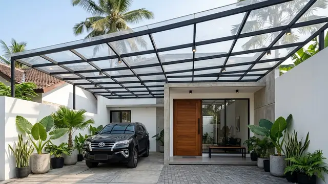 Carport Industrial dengan Kombinasi Beton, Kayu, dan Atap Transparan