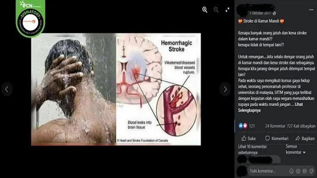 Gambar Tangkapan Layar Klaim Membasahi Kepala Saat Awal Mandi Sebabkan Stroke (sumber: Facebook).