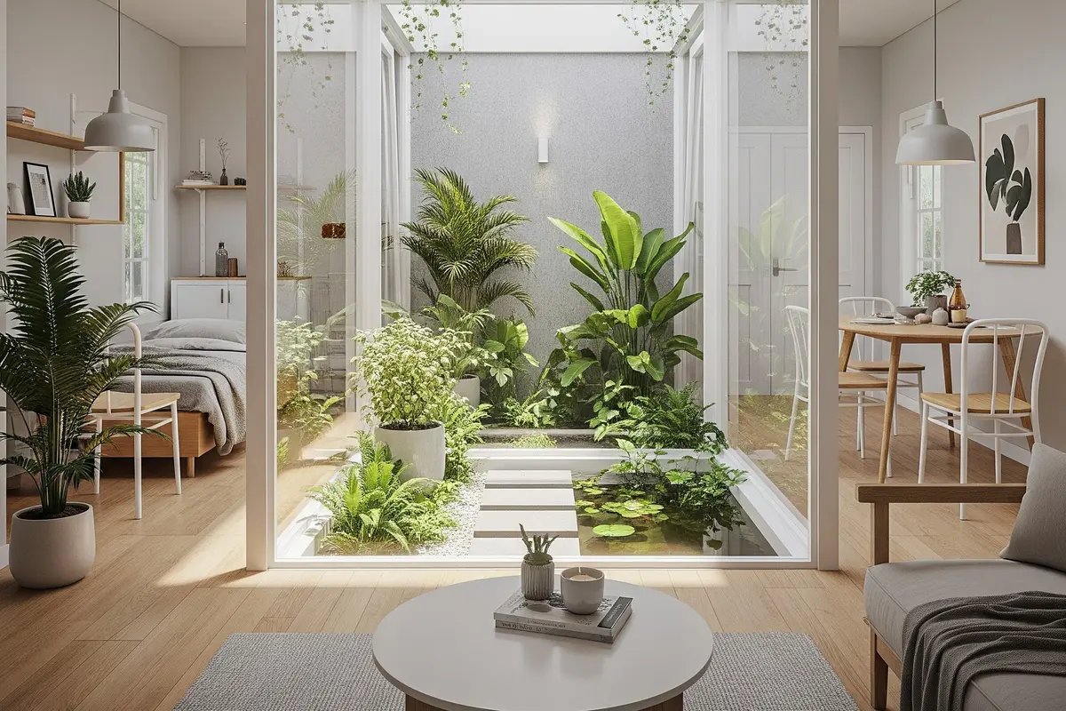 Model Rumah Kecil Tapi Luas dengan Taman di Tengah Area Rumah