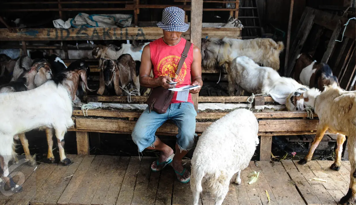 Seorang pedagang mencatat penjualan kambing di Pasar Kambing Tanah Abang, Jakarta, Minggu (11/9). Satu hari jelang Idul Adha 1437 H, pedagang di pasar itu bisa menjual 70-90 ekor per hari dari harga Rp 2 juta hingga 5 juta. (Liputan6.com/Faizal Fanani)