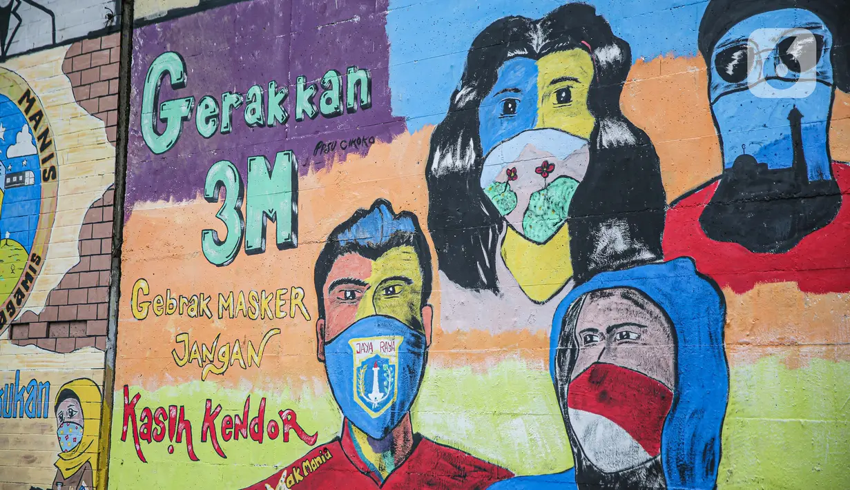 Lukisan mural melawan virus corona COVID-19 di Kawasan Cikokol, Cawang, Jakarta, Minggu (4/10/2020).  Mural masih dianggap menjadi sarana edukasi kesehatan yang tepat bagi warga untuk menjaga diri dari penularan virus Covid 19. (Liputan6.com/Faizal Fanani)