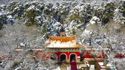 Gerbang Taman Beiling sebagian berwarna putih karena diselimuti salju di Shenyang di provinsi Liaoning, China (15/3). Salju tebal tersebut membuat pemandangan di taman itu indah, karena perpaduan atap yang berwarna emas dengan putih salju. (AFP)