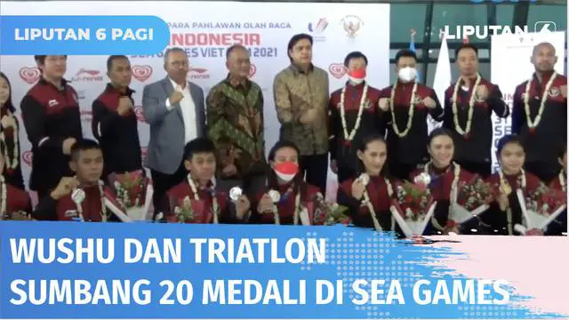 Sukses memboyong 20 medali dalam ajang Sea Games di Vietnam, atlet Wushu dan Triathlon dapat sambutan meriah saat tiba di Bandara Soetta. Selamat!