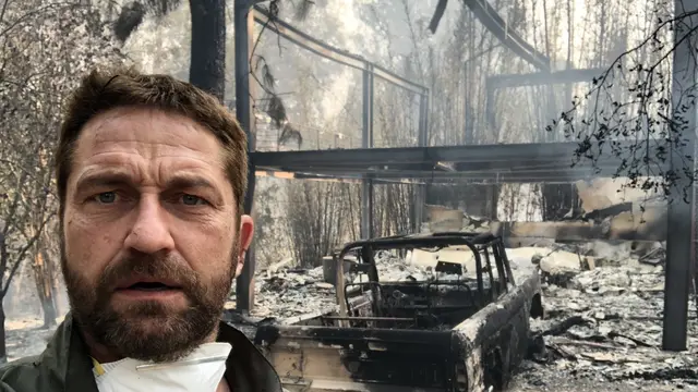 Gerard Butler di depan puing-puing rumahnya (Twitter/ GerardButler)
