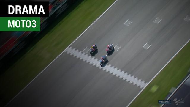 Berita video momen dramatis persaingan ketat menuju garis finis yang terjadi di balapan Moto3 di Sirkuit Mugello, Italia, Minggu (3/6/2018).