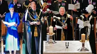 Penobatan ke-2 Raja Charles III dan Ratu Camilla berlangsung di Katedral St Giles, Edinburgh, Skotlandia. Upcara ini juga dihadiri Pangeran William dan Kate Middleton. (AARON CHOWN/POOL/AFP)&nbsp;