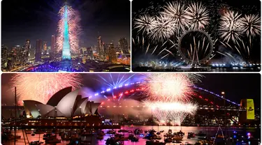 Kemeriahan Malam Tahun Baru 2024 di Australia (bawah), Inggris (kanan atas), dan Uni Emirat Arab (kiri atas). (Dan Himbrechts/AAP Image via AP - AP Photo/Alberto Pezzali - AP Photo/Kamran Jebreili)