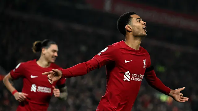 Selebrasi Cody Gakpo di laga Liverpool vs Everton