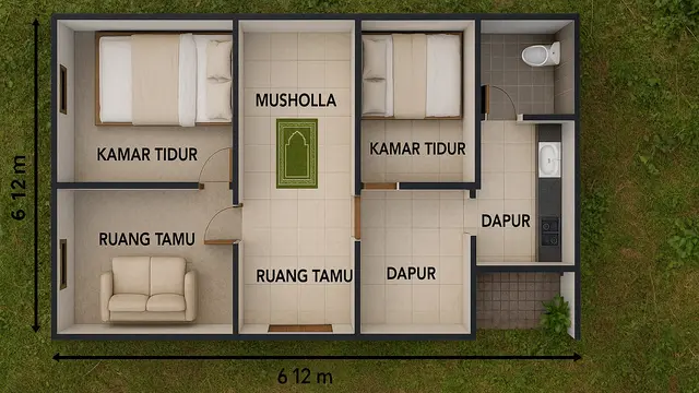 Gambar Rumah Sederhana Ukuran 6x12 di Kampung (Image by ChatGPT)